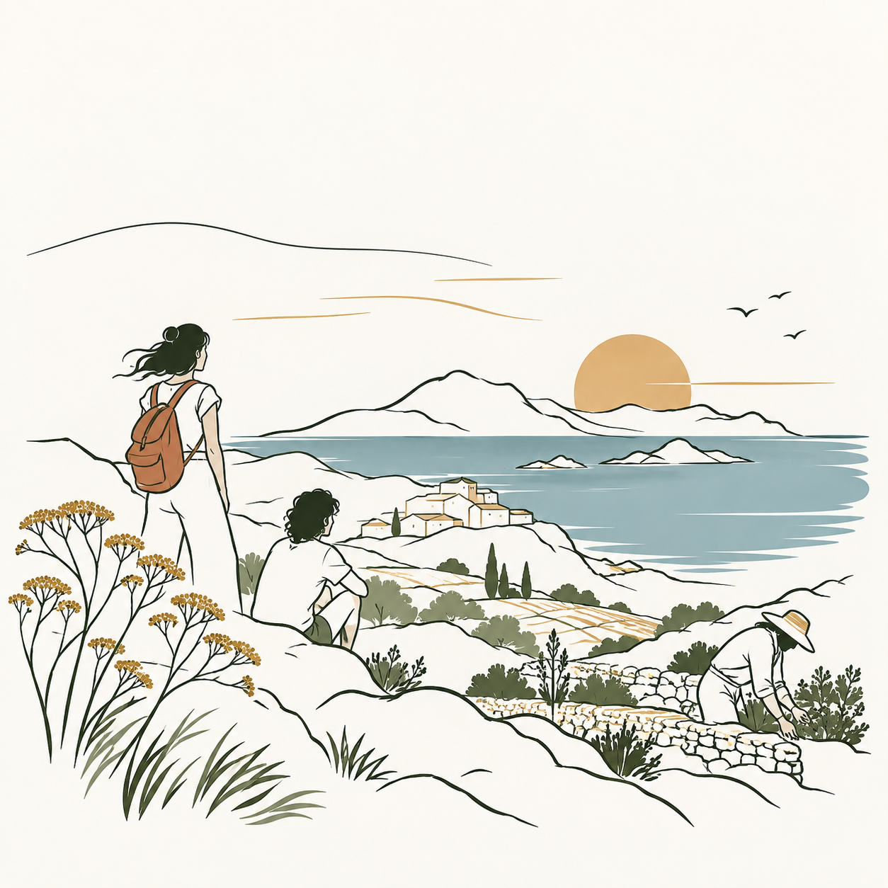 Paesaggio mediterraneo al tramonto: una ragazza con lo zaino guarda il mare e le isole, una persona seduta, una contadina al lavoro tra i muretti a secco